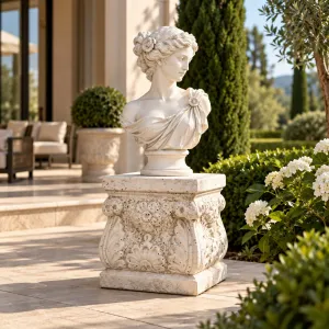 Luxuriöser barocker Gartenpodest mit plastischen Blumenranken und quadratischer Platte – Gartendekoration Lifestyle-Ansicht von Luxury Group International