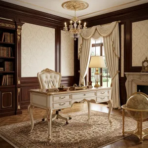 Escritorio de Oficina Barroco de Lujo con Acabado Marfil, Elegantes Patas Cabriole y Almacenamiento con Múltiples Cajones Vista lifestyle por Luxury Group International
