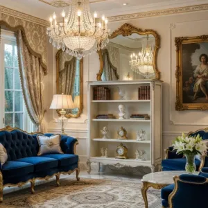 Luxury Baroque Open Display Shelve Cabinet with Hand-Carved Cabriole Legs in Ivory Finish Lifestyle View by Luxury Group International