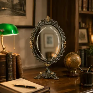 Luxus Barock Ovaler Drehbarer Tischspiegel mit Verziertem Bronze-Altanrahmen – Luxus Wohnaccessoires Lifestyle-Ansicht von Luxury Group International