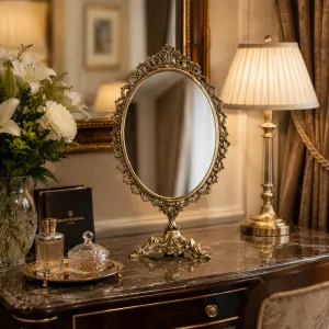 Luxus Barock Ovaler Drehbarer Tischspiegel mit Verziertem Bronze-Altanrahmen – Luxus Wohnaccessoires Lifestyle-Ansicht von Luxury Group International