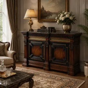 Luxus Barock-Sideboard mit Walnuss-Holzfinish, Doppeltem Aufbewahrungsschrank & Grünem Marmortop Lifestyle-Ansicht von Luxury Group International