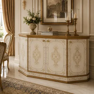 Luxus Barock-Sideboard mit floral gravierten Türpaneelen in antikgoldener Ausführung Lifestyle-Ansicht von Luxury Group International