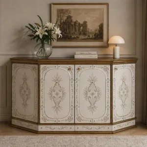 Luxus Barock-Sideboard mit floral gravierten Türpaneelen in antikgoldener Ausführung Lifestyle-Ansicht von Luxury Group International
