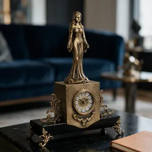 Luxury Baroque Standing Lady Bronze Table Clock with Ornate Wooden Base - Royal Home Accessories Lifestyle View by Luxury Group International