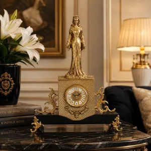 Luxury Baroque Standing Lady Bronze Table Clock with Ornate Wooden Base - Royal Home Accessories Lifestyle View by Luxury Group International