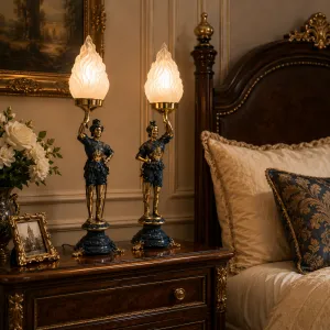 Luxus Barock Stehender Krieger Kerzenhalter Paar mit Flammenförmigen Glasschirmen - Kerzenhalter Lifestyle-Ansicht von Luxury Group International