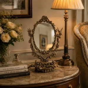 Luxus Barock Drehbarer Tischspiegel mit Verziertem Bronze-Blumenrahmen – Luxus Wohnaccessoires Lifestyle-Ansicht von Luxury Group International