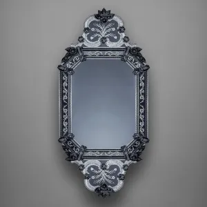 Luxury Baroque Venetian Style Black Glass Wall Mirror with Etched Silver Floral Details Front View by Luxury Group International