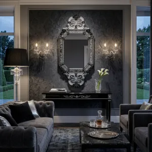 Luxury Baroque Venetian Style Black Glass Wall Mirror with Etched Silver Floral Details Lifestyle View by Luxury Group International