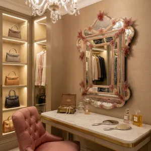 Luxury Baroque Venetian Style Floral Glass Wall Mirror with Pink Rosette & Crown Crest Accents Lifestyle View by Luxury Group International