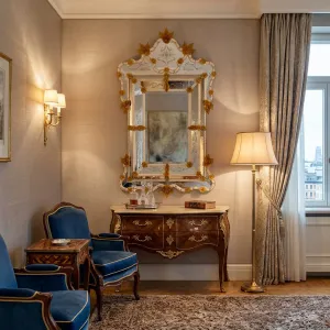 Luxury Baroque Venetian Style Glass Wall Mirror with Amber Gold Floral Accents & Ornate Crown Crest Lifestyle View by Luxury Group International