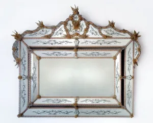 Luxury Baroque Venetian Style Large Horizontal Glass Wall Mirror with Ornate Crown Crest Front View by Luxury Group International