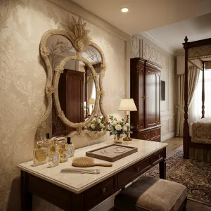 Luxury Baroque Venetian Style Oval Centre Glass Wall Mirror with Floral Ornate Crown Crest Lifestyle View by Luxury Group International