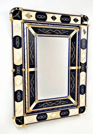 Luxury Baroque Venetian Style Wall Mirror with Royal Blue Glass Panels & Gold Rosette Accents Front View by Luxury Group International