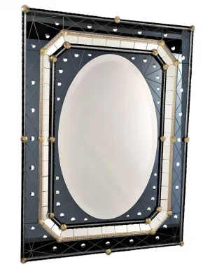Specchio da Parete Barocco di Lusso con Cornice in Vetro Nero e Centro Ovale Borchiato in Oro Vista frontale di Luxury Group International