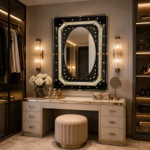 Specchio da Parete Barocco di Lusso con Cornice in Vetro Nero e Centro Ovale Borchiato in Oro Vista lifestyle di Luxury Group International