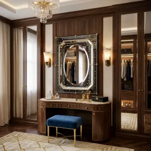 Specchio da Parete Barocco di Lusso con Cornice in Vetro Nero e Centro Ovale Borchiato in Oro Vista lifestyle di Luxury Group International