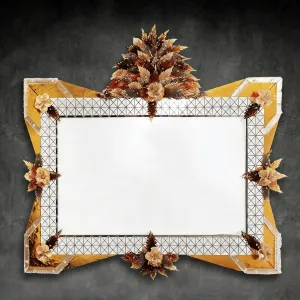 Miroir Mural Baroque de Luxe avec Couronne Florale Sculpturale Dorée et Cadre Gravé Géométrique Vue de face par Luxury Group International