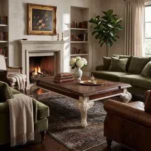 Luxury Baroque Wooden Coffee Table with Geometric Panelled Top and Ivory Carved Legs Lifestyle View by Luxury Group International