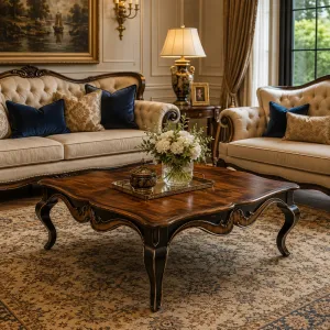 Luxury Baroque Wooden Coffee Table with Scalloped Apron and Cabriole Legs - Luxury Coffee Table Lifestyle View by Luxury Group International