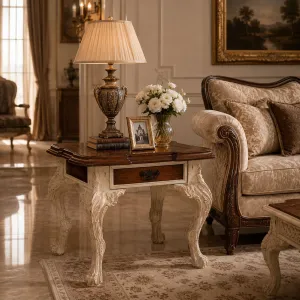 Luxury Baroque Wooden Side Table with Geometric Panelled Top and Ivory Carved Legs Lifestyle View by Luxury Group International
