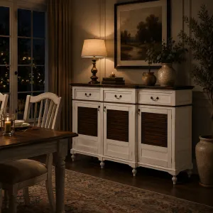 Luxus Barock Holz Sideboard in Weiß & Walnuss-Finish mit 3 Schubladen & Schranktüren Lifestyle-Ansicht von Luxury Group International