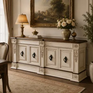 Luxuriöses Barock-Holzsideboard mit vier Schranktüren in antikem Elfenbein-Finish Lifestyle-Ansicht von Luxury Group International