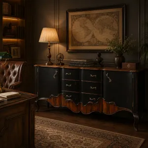Luxus Barockes Holz-Sideboard mit sechs Schubladen & zwei Schränken in antik-schwarzer Optik Lifestyle-Ansicht von Luxury Group International