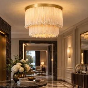 White Glass Bead Flush Mount Designer Ceiling Light with Golden Frame - Luxury Hotel Furniture Lifestyle View by Luxury Group International