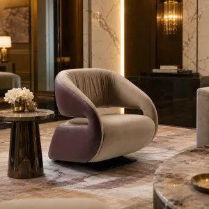 Luxury Beige and Mauve Sculptural Armchair with Black Metal Base - Luxury Hotel Furniture Lifestyle View by Luxury Group International
