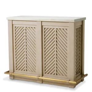 Luxury Beige Bar Cabinet with Chevron Doors & Golden Foot Rail – 131 cm - Luxury Hotel Furniture Front View by Luxury Group International
