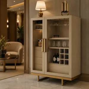Luxus Beige Bar-Schrank mit Glastüren & goldenem Metallfuß - Luxus Hotelmöbel Lifestyle-Ansicht von Luxury Group International