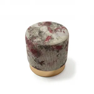 Pouf Imbottito di Lusso Beige e Borgogna con Motivo Floreale e Base Dorata - Sgabello di Lusso Vista frontale di Luxury Group International