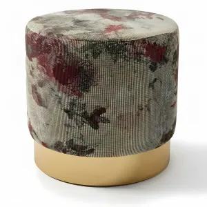 Pouf Imbottito di Lusso Beige e Borgogna con Motivo Floreale e Base Dorata - Sgabello di Lusso Vista frontale di Luxury Group International