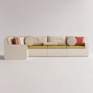 Canapé d'angle d'extérieur en béton beige de luxe avec coussins orange coucher de soleil - Mobilier d'extérieur Vue de face par Luxury Group International