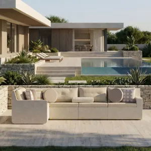 Sofá Seccional en Forma de L de Concreto Beige de Lujo con Tapicería de Tela - Muebles para Exterior Vista lifestyle por Luxury Group International