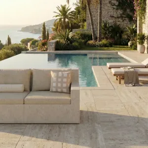 Sofá Seccional en Forma de L de Concreto Beige de Lujo con Tapicería de Tela - Muebles para Exterior Vista lifestyle por Luxury Group International