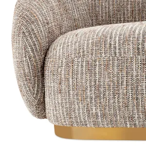 Sofá Curvo Tapizado Beige de Lujo con Base Metálica Dorada - Sofá de Lujo Vista detalle por Luxury Group International