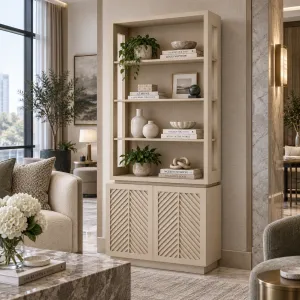 Luxury Beige Display Cabinet with Open Shelves & Chevron Doors – 240 cm - Luxury Hotel Furniture Lifestyle View by Luxury Group International