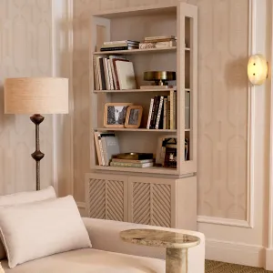 Luxury Beige Display Cabinet with Open Shelves & Chevron Doors – 240 cm - Luxury Hotel Furniture Lifestyle View by Luxury Group International