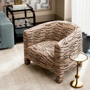 Luxury Beige Patterned Armchair with Curved Back & Wavy Contrast Design – Luxury Hotel Furniture Lifestyle View by Luxury Group International