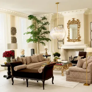 Luxury Beige Patterned Three-Seater Sofa with Rolled Arms – Living Room – Luxury Hotel Furniture Lifestyle View by Luxury Group International