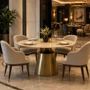 Luxus Beiger Runder Esstisch 120 cm – Esszimmer- & Hotelausstattung – Luxusmöbel Lifestyle-Ansicht von Luxury Group International