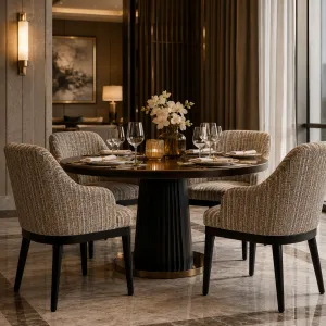 Luxury Beige Textured Fabric Dining Chair with Black Wooden Frame - Luxury Dining Chair Lifestyle View by Luxury Group International