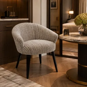 Luxury Beige Textured Fabric Dining Chair with Curved Arms and Black Legs - Luxury Dining Table Lifestyle View by Luxury Group International