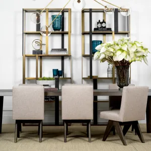 Luxury Beige Upholstered Dining Chair with Dark Wood Frame- Luxury Hotel Furniture Lifestyle View by Luxury Group International