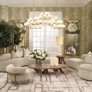 Sillón Lounge Tapizado Beige de Lujo con Estructura Metálica Dorada - Mobiliario de Hotel de Lujo Vista lifestyle por Luxury Group International