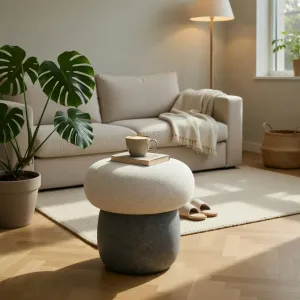 Luxury Beige Upholstered Stool with Dark Stone Base Lifestyle View by Luxury Group International