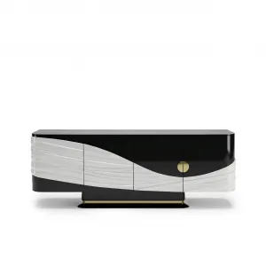 Luxury Black and Ivory Sculptural Sideboard with Gold Accents - Luxury Living Room Furniture Front View by Luxury Group International